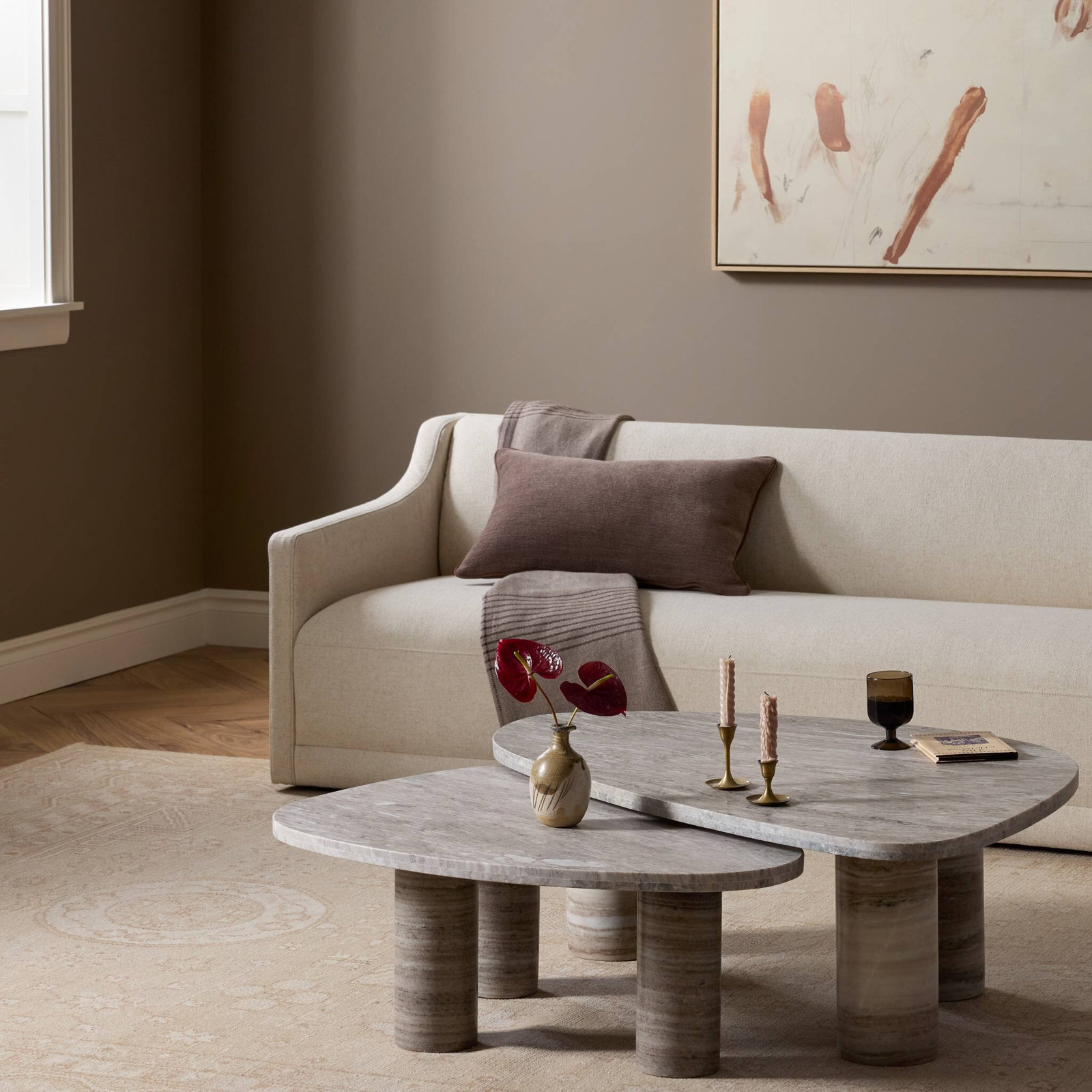 Katla 48" Genuine Marble Coffee Table Set, Antique White Marble, White/Brown
