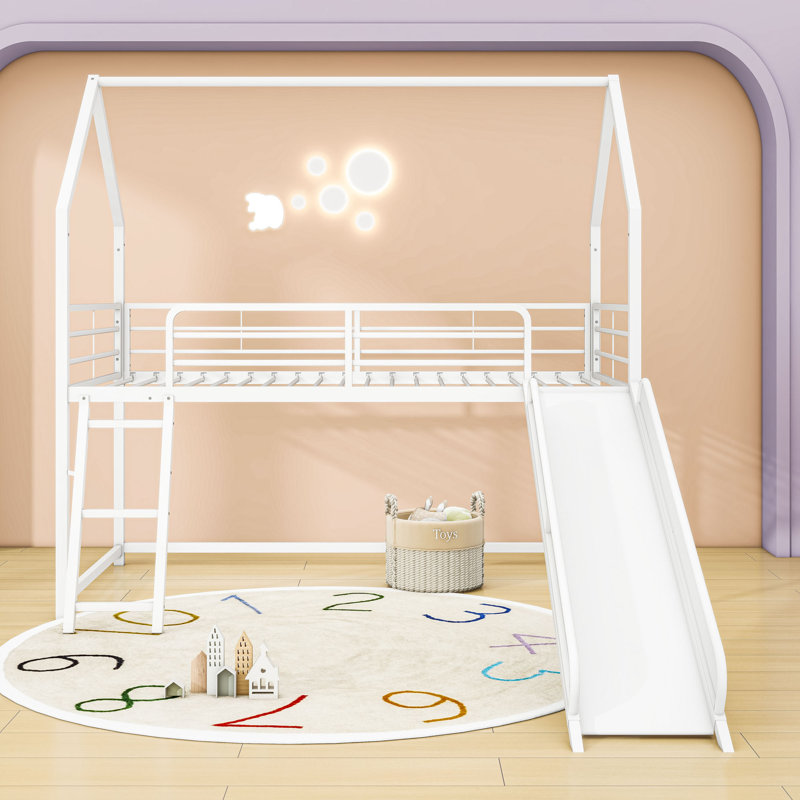 Twin Metal Loft Bed With Curtain, Slide And Ladder, White/Blue