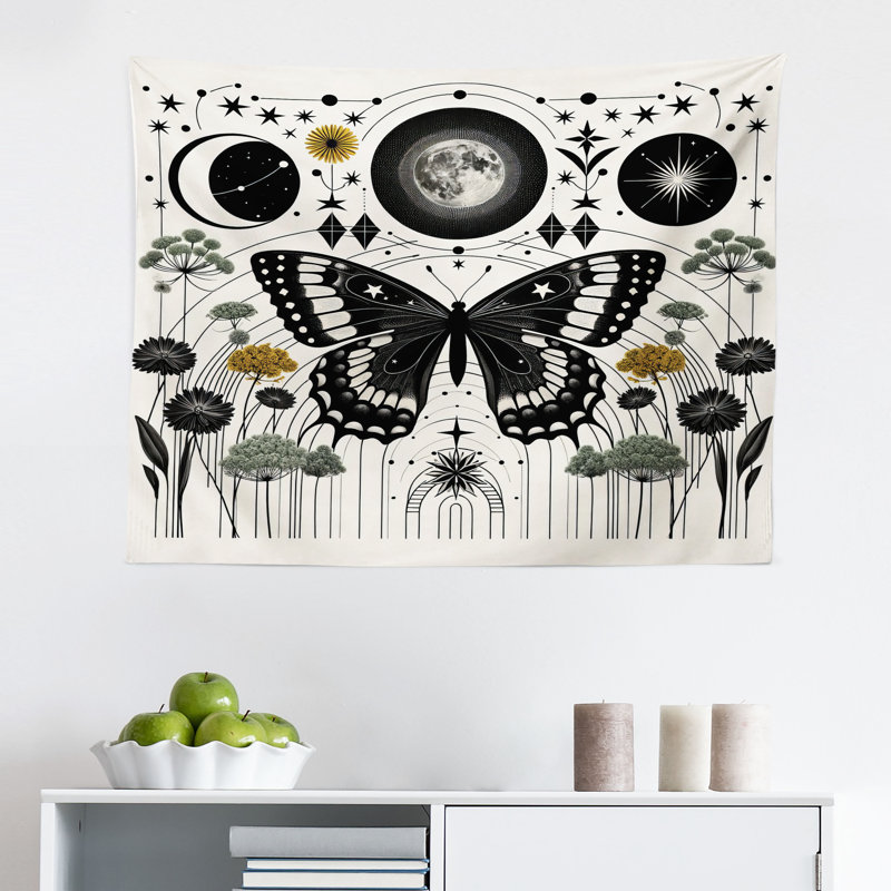 Bungalow Rose Boho Wall Hanging Tapestry Medieval Witchy Butterfly Moon Cream Dark Grey Green, H 23 po x l 28 po