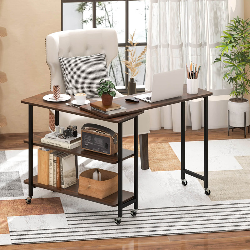 17 Stories 360° Rotatable Sofa Side Table L-shaped Laptop Desk Snack Table Withshelf Patented, Walnut/Black