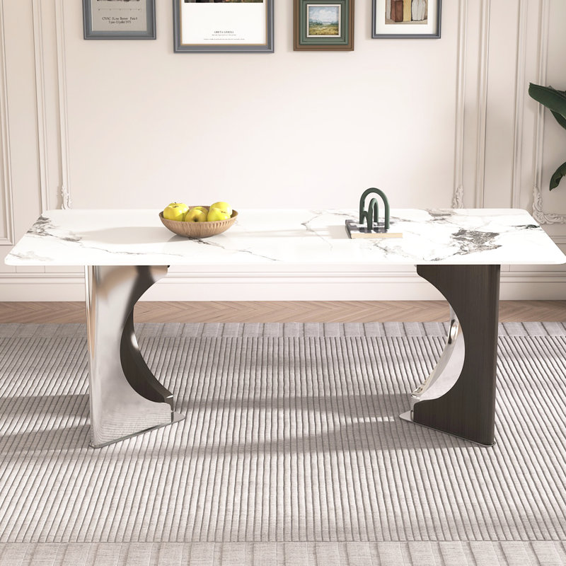 Élégante table de salle à manger rectangulaire en marbre de 79 po pour 6 à 8 personnes, avec base en acier inoxydable rectangulaire