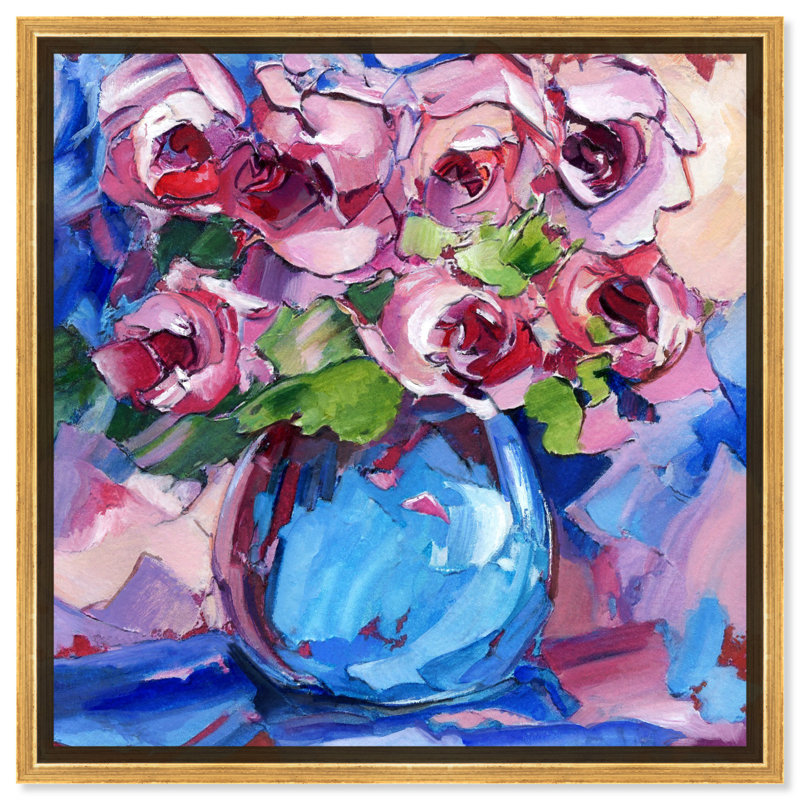 Art floral abstrait sur toile abstraite, Cadre doré, H 17 po x l 17 po