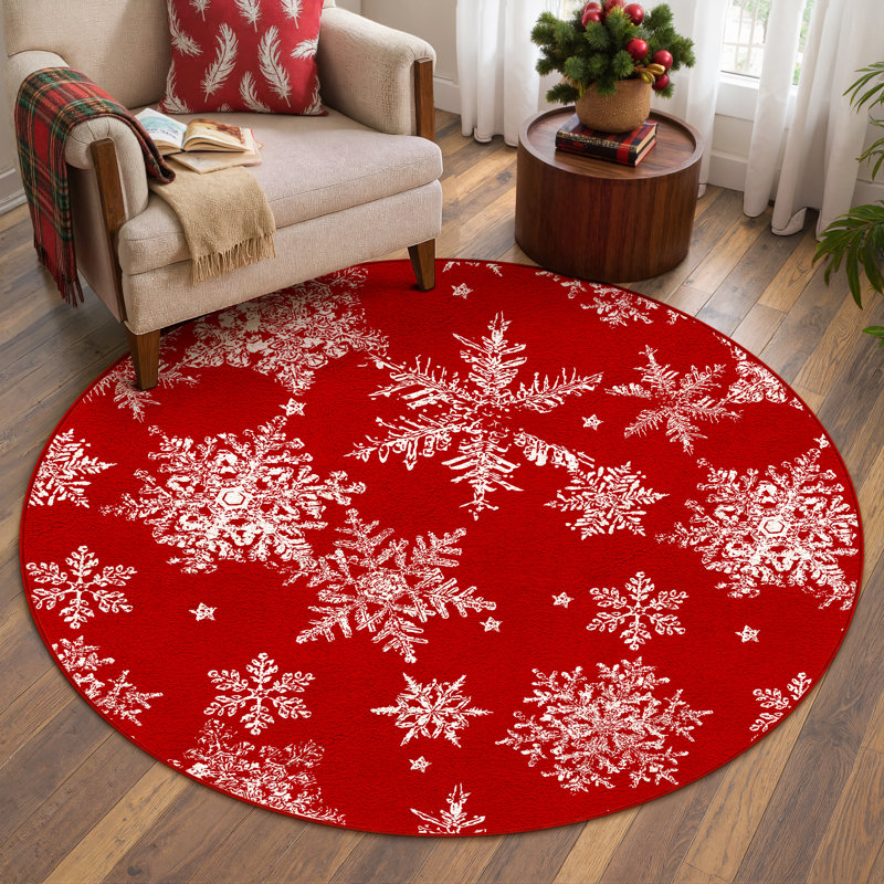 Tapis de Noël lavable Chamora avec motif classique rouge et flocon de neige, Rond 4 pi
