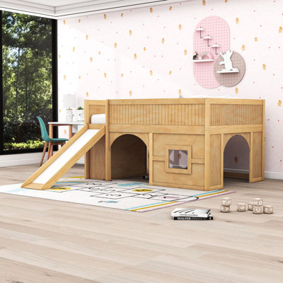 Full Wood Low Loft Bed With Slide And Storage Shelves