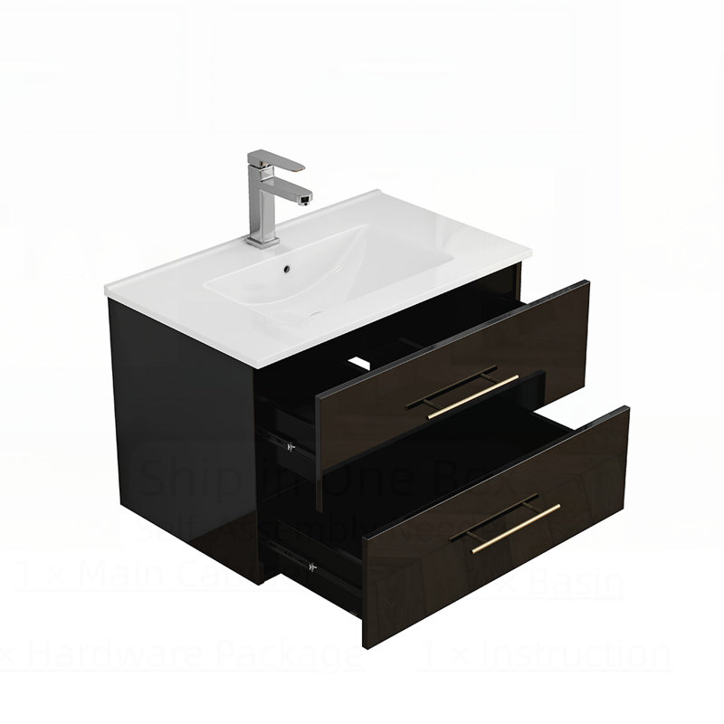 Meuble-lavabo mural moderne avec lavabo en céramique intégré, tiroirs spacieux et ultrabrillants pour les petites salles de bain