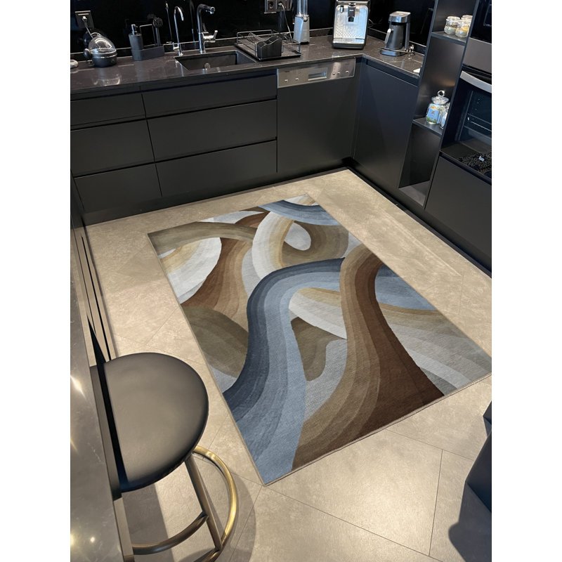 Tapis décoratif moderne bleu et brun à motif de lierre, Rectangle 3 pi 11,24 po x 5 pi 10,87 po