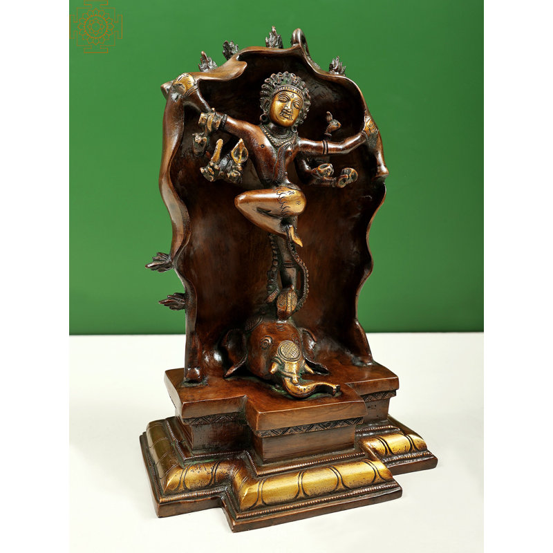 10" Gaja Samhara Murti Nataraja Brass Statue – Brown Gold Handcrafted Shiva Sculpture Depicting Lord Shiva’s Elephant Destruction Dance for Home Temple and Décor