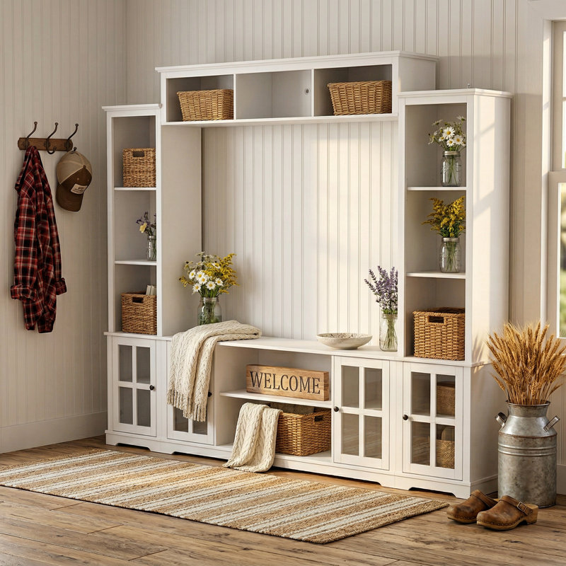 Starlin 102" Wide Entryway Hall Tree With Multi Shelves And Glass Door Cabinets, White