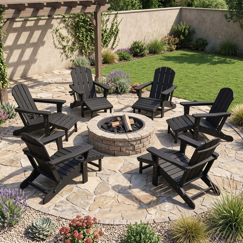 Fauteuil Adirondack inclinable pliant en PEHD avec foyer et repose-pieds coulissants (ensemble de 6), Noir, 6