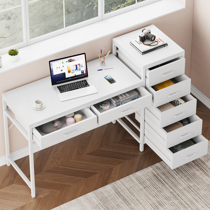 55.12'' Reversible Computer Desk With Drawers, Makeup Table, White
