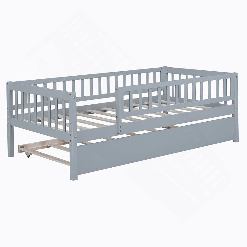 Lit de jour en bois avec couchette et garde-corps, gris, Simple