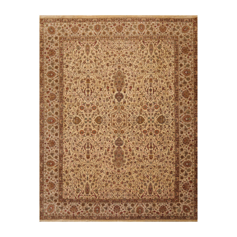 Tapis beige en laine noué à la main de conception unique 7 pi 10 po x 10 pi Elynna