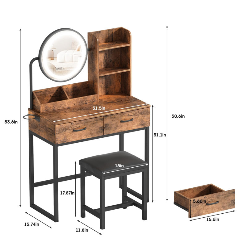 Meuble-lavabo l 31,5 po avec miroir lumineux et siège Borach, Brun / noir