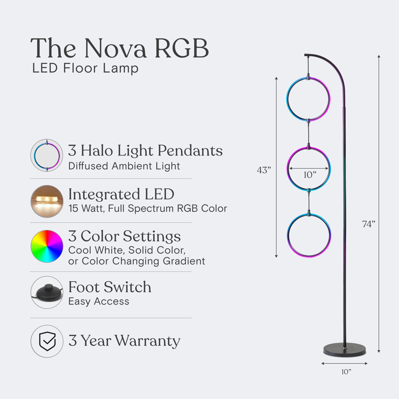 Nova 74" Black Arc LED Floor Lamp with RGB Color Changing Rings