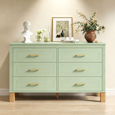 47.24" 6-Drawer Double Dresser with Metal Handles & Solid Wood Legs, Modern Storage Cabinet for Kids Bedroom, Heavy-Duty Wooden Dresser with Pre-Installed Ball-Bearing Slides, Mid-Century Style Chest for Bedroom, Nursery, Entryway