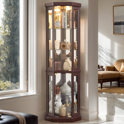 Corner Curio Cabinet, 70" H Lighted Glass Display Cage with Tempered Glass Doors and Adjustable Shelves, Bulb Inclued, Wine Bar China Cabinet for Living Room Liquor Storage