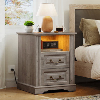 17.7"W Farmhouse Nightstand with Charging Station, Night Stand with 2 Drawers, End Tables Living Room, LED Bed Side Table with Open Shelf