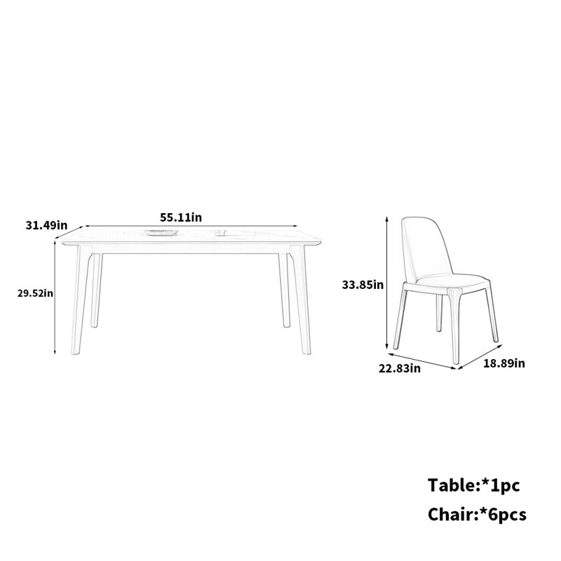 White Ash Sintered Stone Table Chairs Set Elegant, 29.52"H x 55.11"L x 31.49"W
