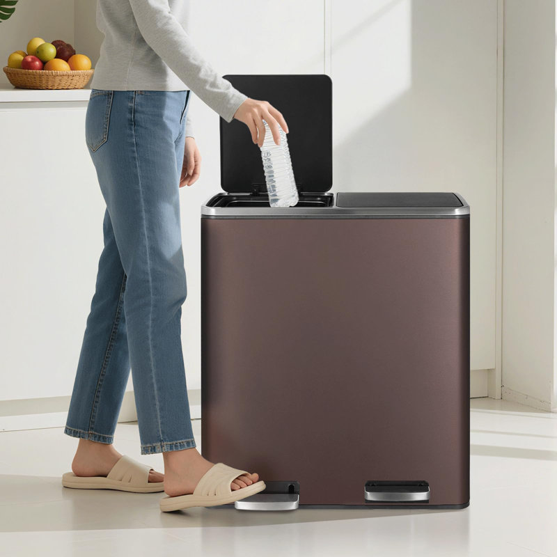 Stainless Steel Step On Multi-Compartment Rubbish & Recycling Bin - 60L, Brown