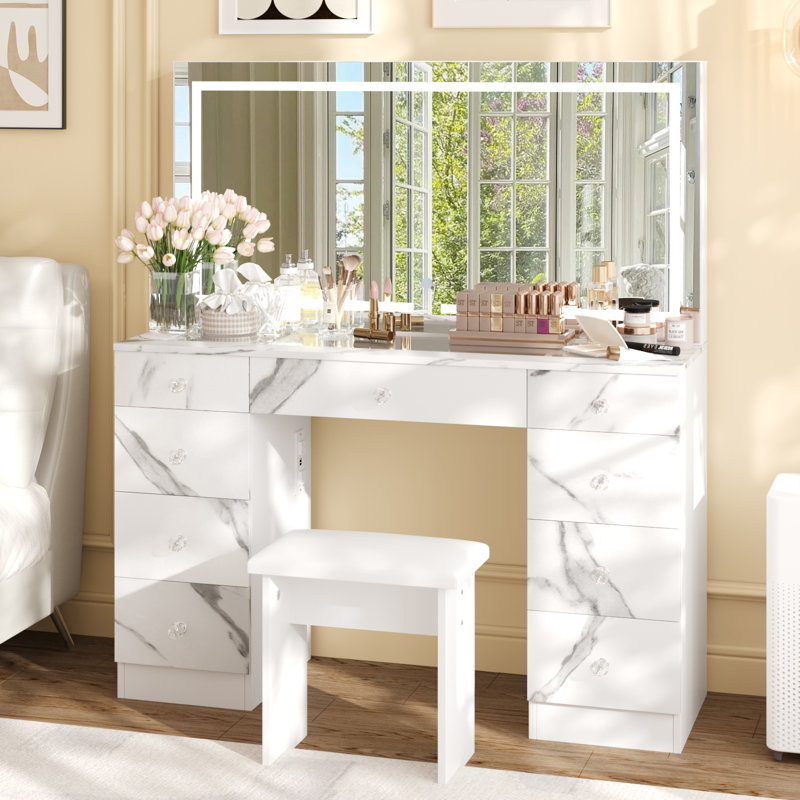 47"W Glass Top Vanity Set With LED Mirror & Power Outlets, 9 Drawers With Diamond Handles, White Marble