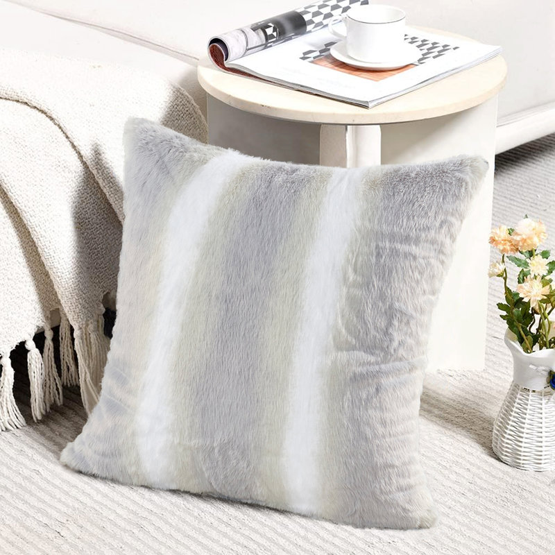 Vapor Gray Faux Fur Microsuede Embroidered Pillow Covers, 20" x 20"