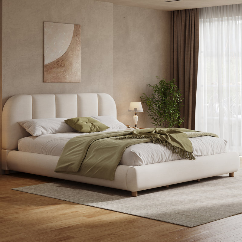 Linden Modern Minimalist Linen Upholstered Bed with Curved Headboard and Solid Wood Legs, King