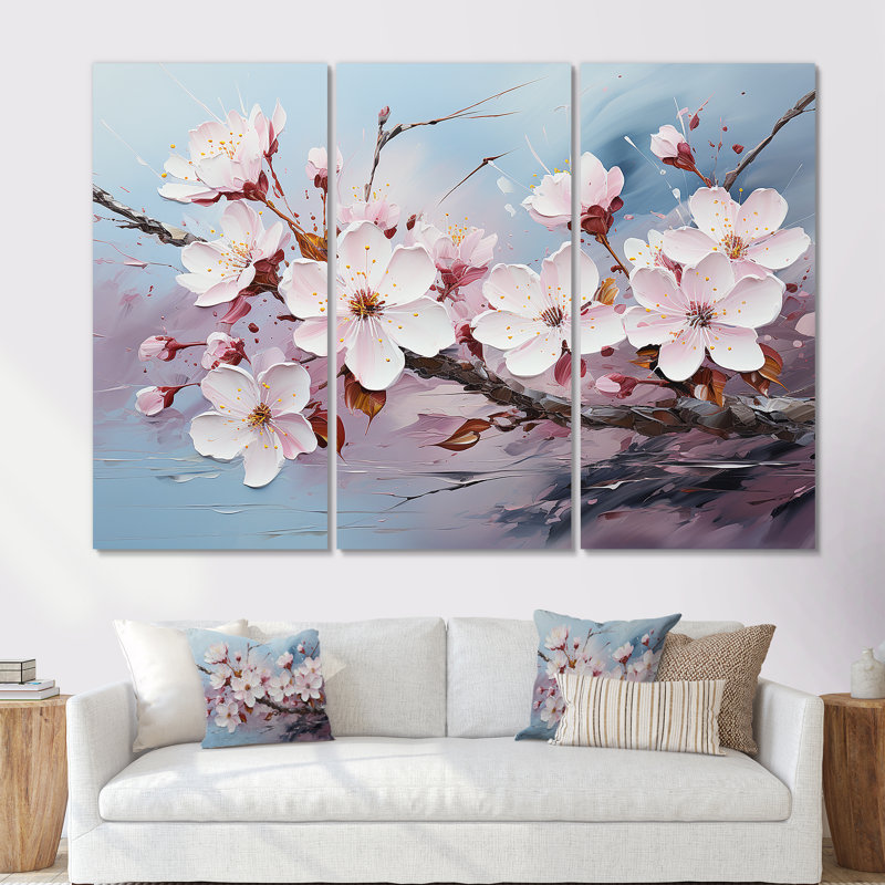 Cherry Blossom Flower Meadow I - Ensemble d'art mural sur toile Flower Field, Toile tendue, H 40 po x l 60 po x P 1 po