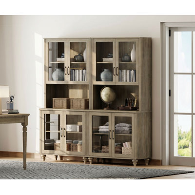 Bibliothèque Corretta 183 cm (H) x 173 cm (L) avec portes vitrées, grande bibliothèque de style champêtre avec meuble bar pour salon, chambre, bureau ou cuisine, gris délavé