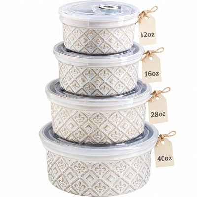 Airtight Food Storage Containers with Lids Mixing Bowls Set, Ceramic Serving Bowls with Lids, Stackable Nesting Salad Bowls, Set of 4, (Beige)