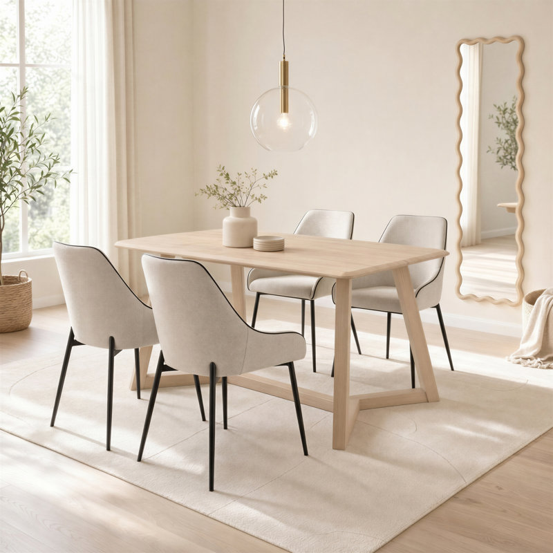 Beda Rectangular Rubberwood Dining Table With Ophelia Chairs - Farmhouse Style, White/Grey, Cream, 5