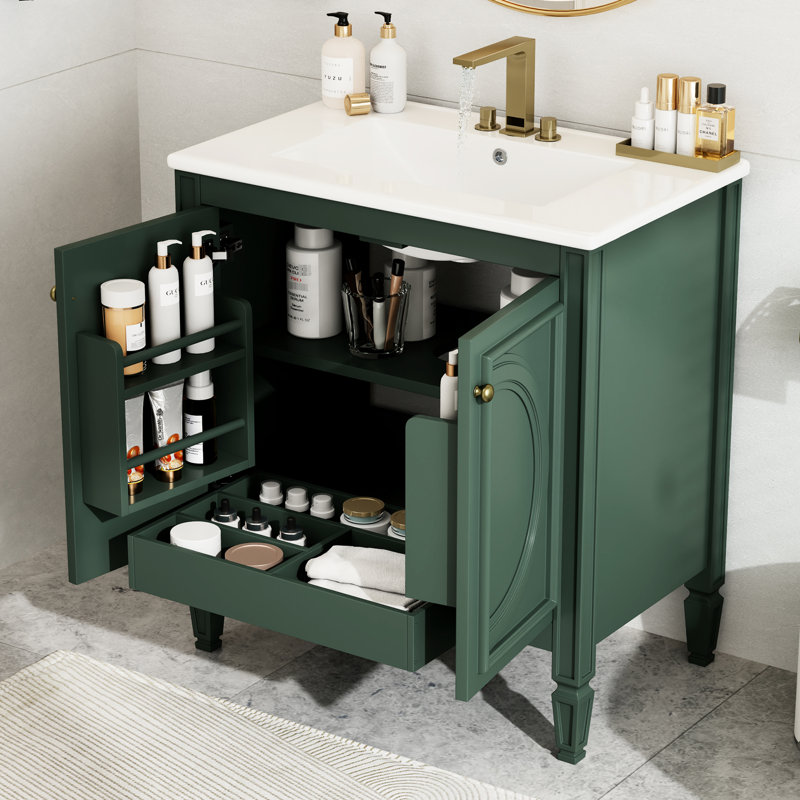 Meuble-lavabo de 30 po avec lavabo, aspect rétro, charnières antirouille - deux portes de rangement suffisantes et des tablettes lisses réglables, une armoire abondante et une porte