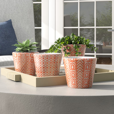 Ensemble de 4 pots à fleurs en terre cuite orange et blanc avec motifs géométriques, pots de plantes bohémiens, pour plantes grasses, herbes et verdure, 5 po x 5 po