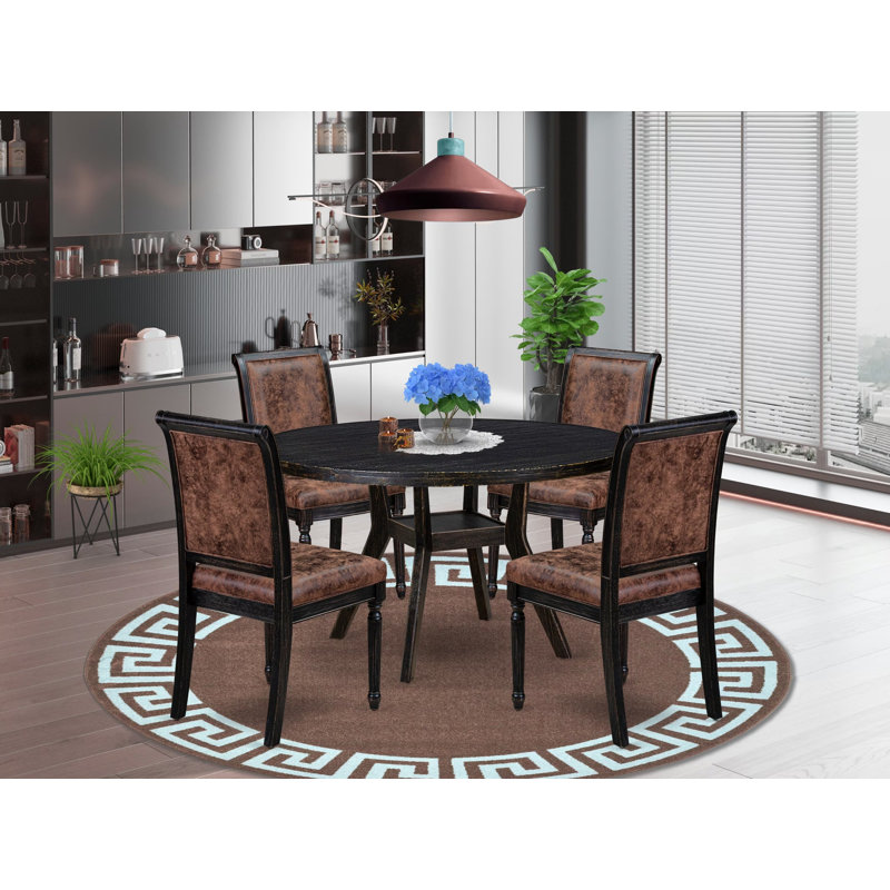 Ensemble de table de salle à manger 5 pièces avec 4 chaises rembourrées en polyester texturé brun, haut dossier et une table de cuisine au fini noir sablé.
