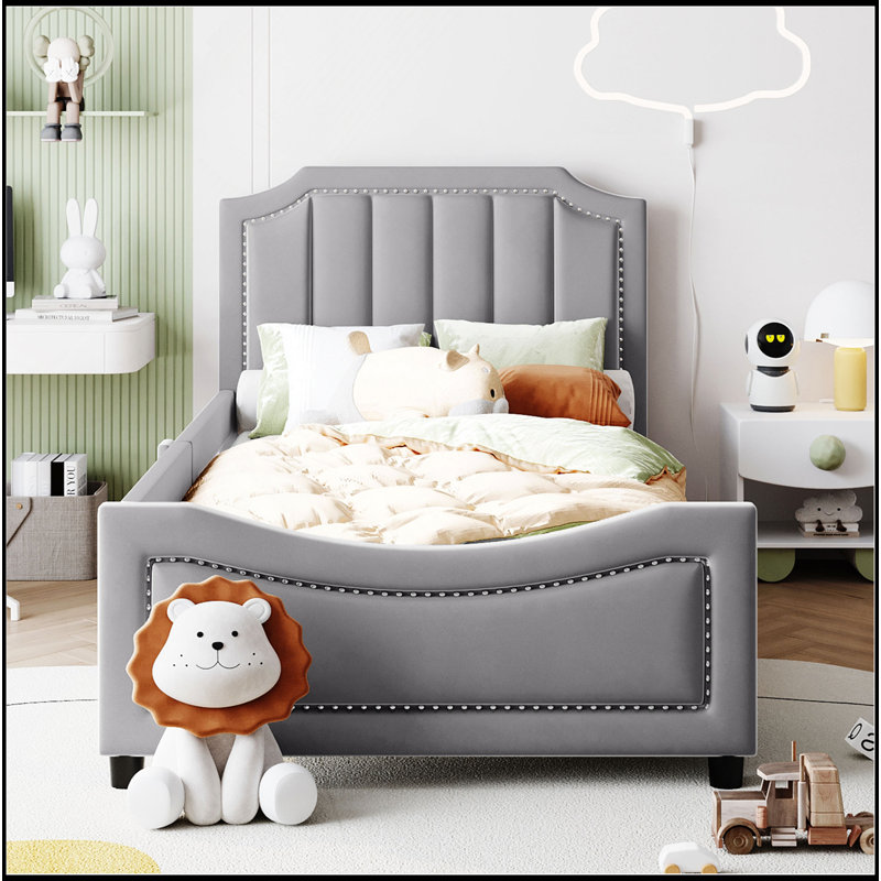 Twin Size Upholstered Daybed With Classic Stripe Shaped Headboard, Combining Comfort And Contemporary Style For Modern Living Spaces.