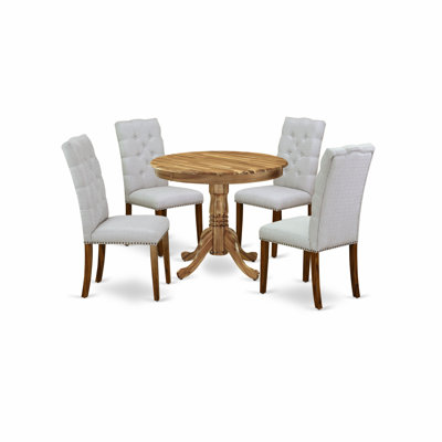 5 Piece Kitchen Table Set for 4 Includes a Round Dining Room Table with Pedestal and 4 Grey Linen Fabric Upholstered Parson Chairs, Natural