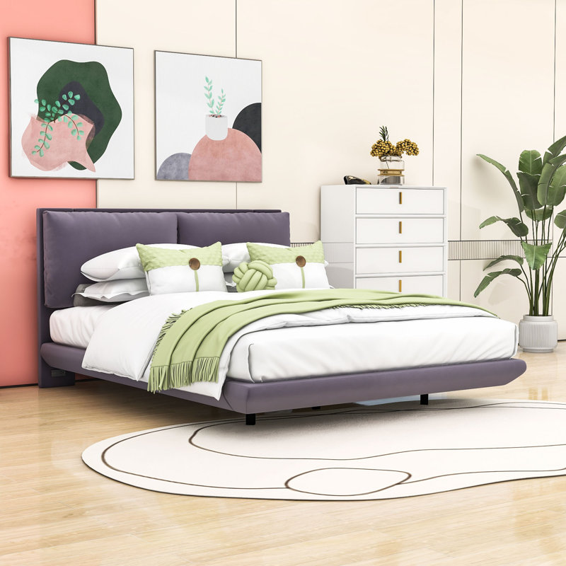 Queen Upholstered Platform Bed with Sensor Light and Floating Design, Gray