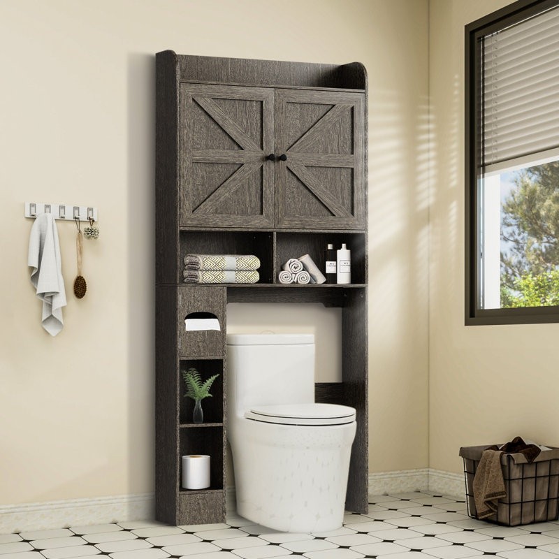 Rangement autoportant au-dessus de la toilette, armoire de rangement de salle de bain à 6 niveaux avec tablettes réglables, portes de grange
