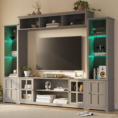 4 Piece Wall Unit Tv Stand With Bookshelf, Modern Tv Console Table With Led Lights, Large Entertainment Center With Open Shelves For Tvs Up To 65", Li