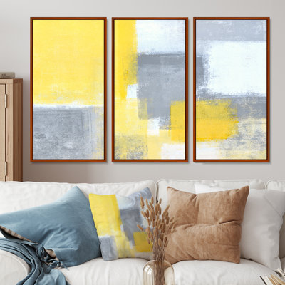 Gris et jaune bleu abstrait XXI - ensemble d'art moderne sur toile encadrée moderne de 3