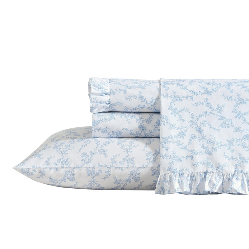 Laura Ashley Floral Ruffled Hem Cotton Sheet Sets, Twin Sheet Set + 1 Fitted Sheet + 1 Pillowcase