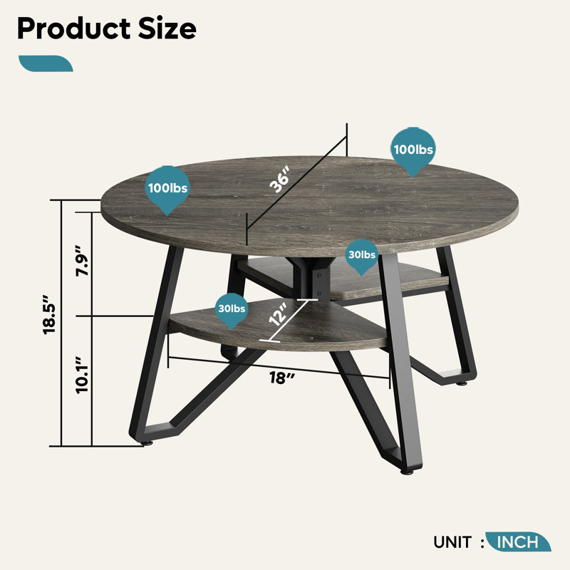 Table basse ronde à 2 niveaux Briahna, Chêne gris rétro