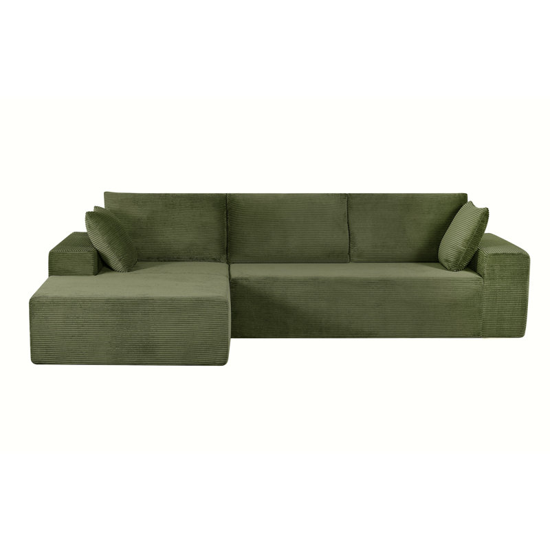 Boneless Compression 2 Piece Corduroy L Shaped Sectional Couches, Dark Green Polyester, Left Hand Facing