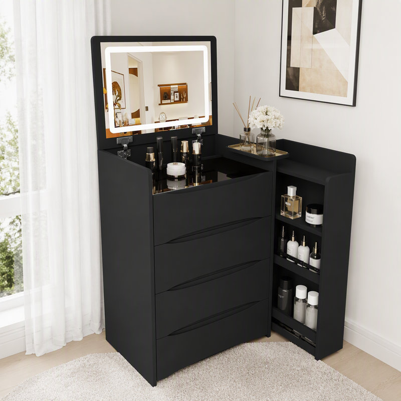 Coiffeuse 3 en 1 avec miroir rabattable, éclairage et rangement, Black