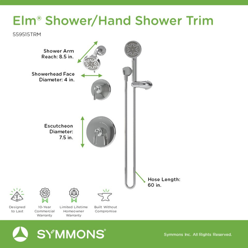 Garniture de douche Elm HydroMersion à cinq modes avec douche à main à trois modes Elm, Chrome poli
