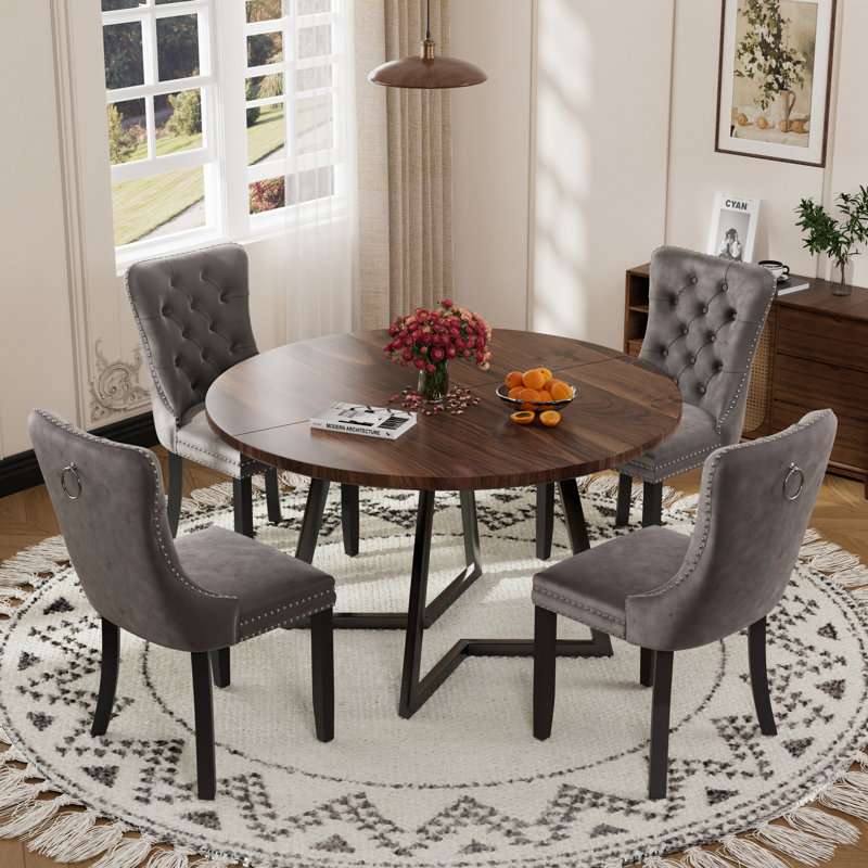 Round Wooden Dining Set with Velvet Dining Chair, Gray, Dark Brown