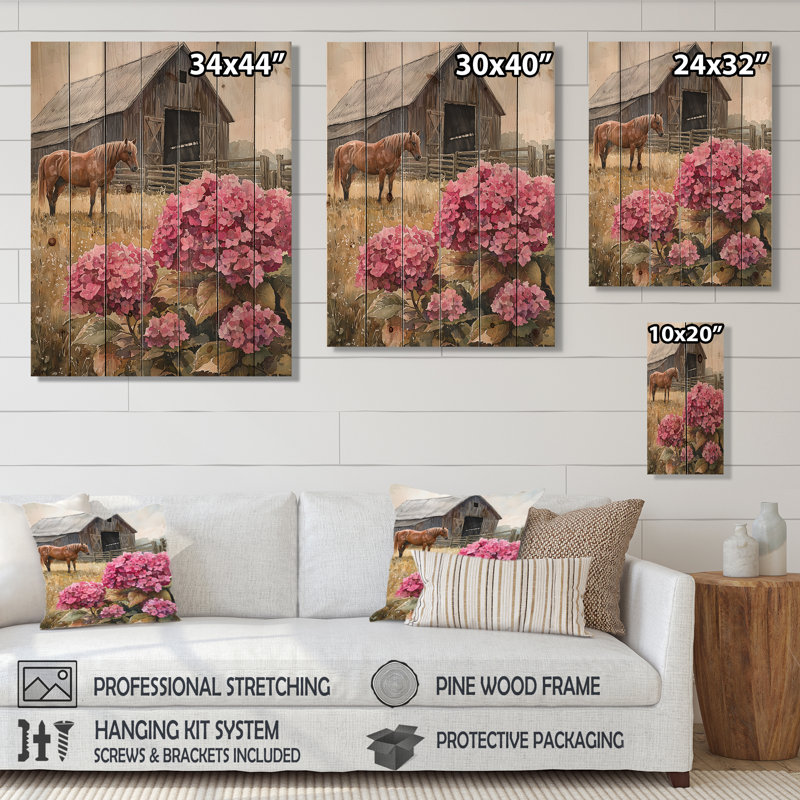 Hortensias et chevaux dans la cour de l'écurie - Art mural en bois d'hortensias - sur bois de pin naturel