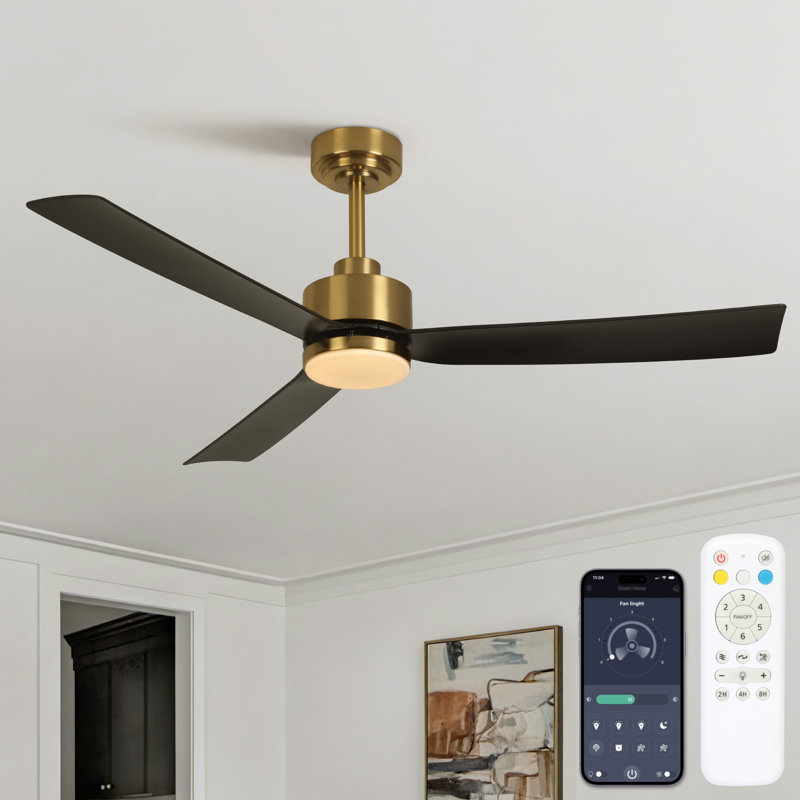 Karlena 52'' 3 - Blade Modern Large Dimmable Ceiling Fan With Led Lights and Remote Control, Gold with Midnight Black Blade