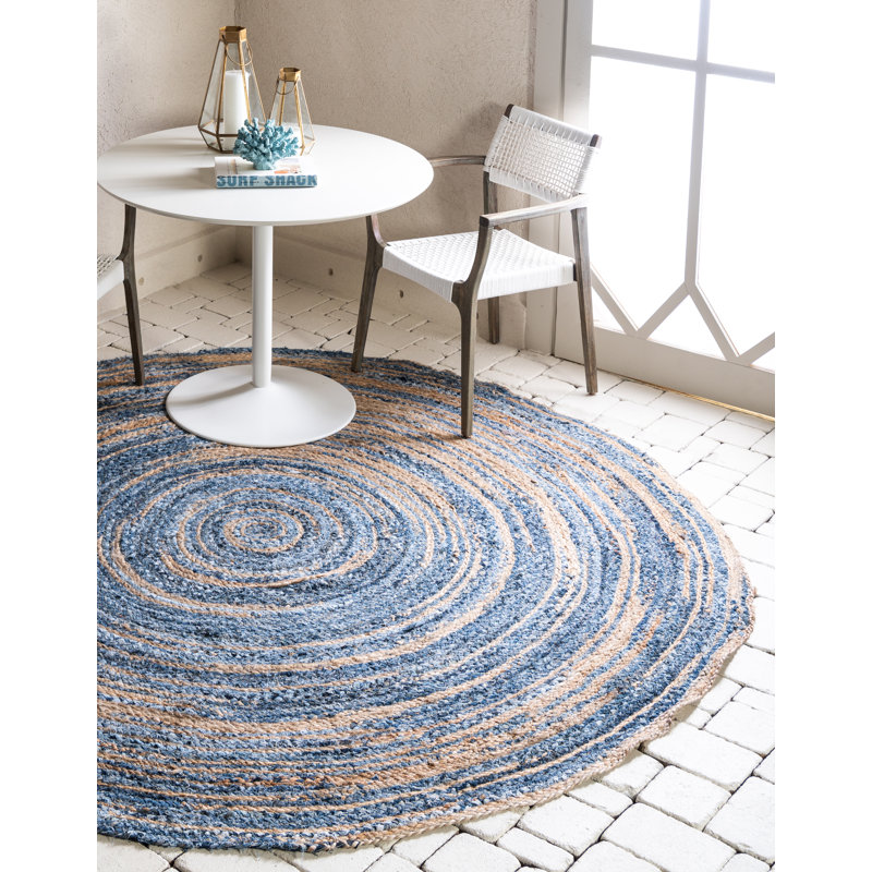 Tapis rayé bleu en jute tressé à la main Philo, Rond 8 pi