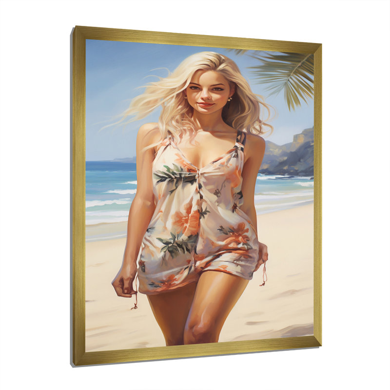 Beauté blonde marchant sur le rivage, Encadrement doré, H 44 po x l 34 po x P 1,5 po
