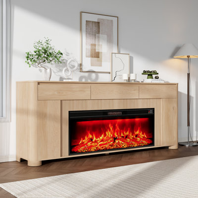 Meuble télé avec foyer électrique de 107 cm (42 pouces), compatible avec les téléviseurs jusqu'à 203 cm (80 pouces), éclairage DEL coloré et angles arrondis, chêne naturel.
